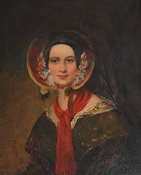 Early 19th English School, Portrait of Maria Brown wearing a bonnet, circa 1839, label verso, oil on panel, 34 x 27cm